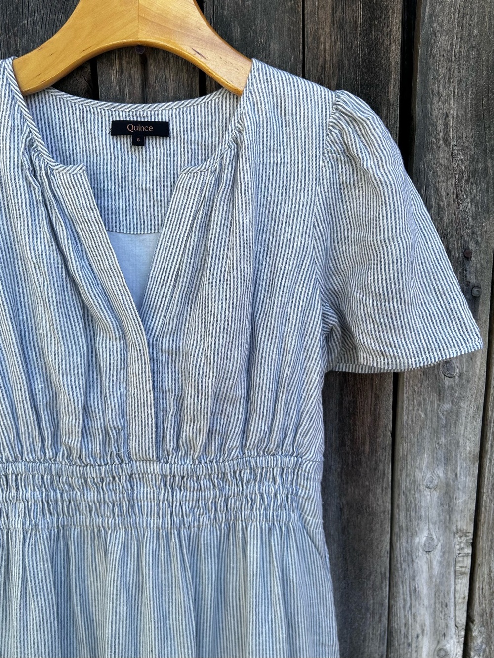 Quince Linen Tiered Maxi Dress Blue Pinstripe S - Picture 7 of 16
